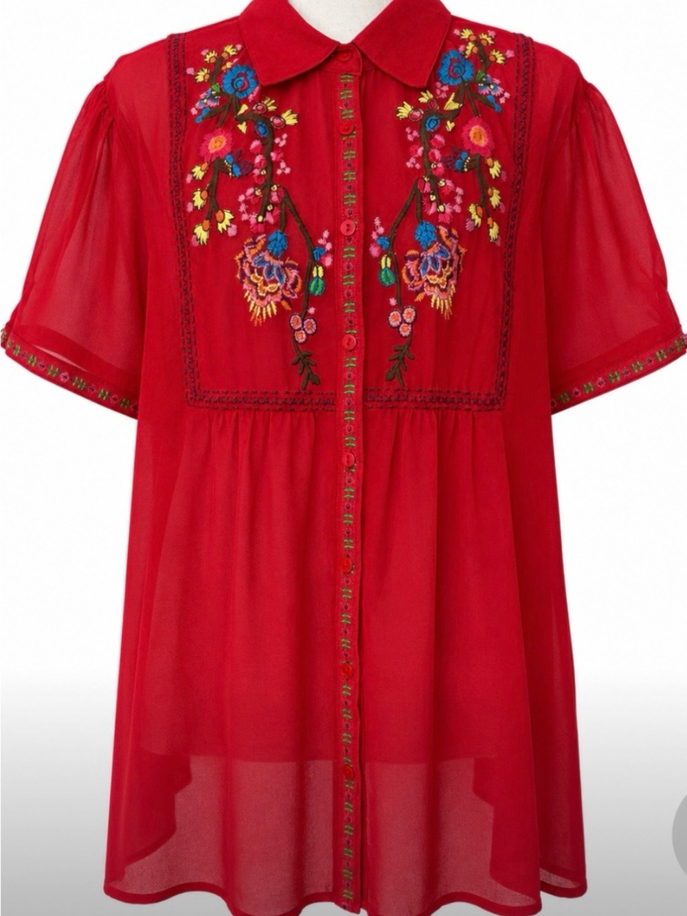 Folk Art Red Sheer Embroidered Boho Tunic Top Cottagecore Lightweight Blouse